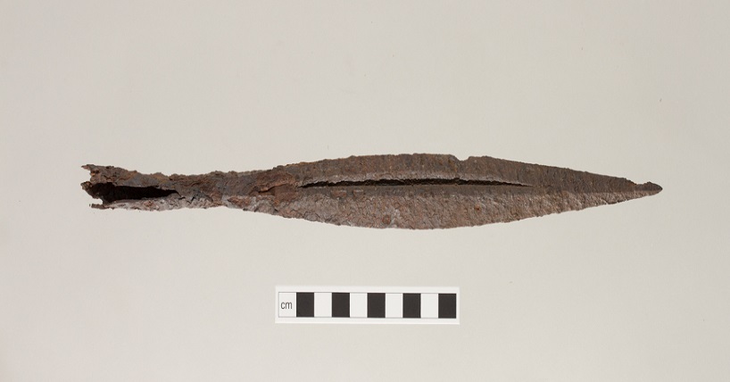 Anglo Saxon spear head uncovered at Grange Farm. Image courtesy of Pre-Construct Archaeology (PCA).